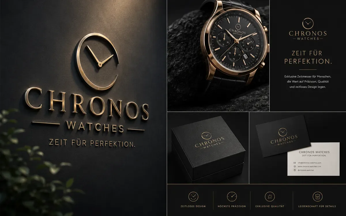 Markenauftritt Chronos Watches: goldenes Logo, Chronograph, Verpackung und Visitenkarten in dunkler Bildwelt